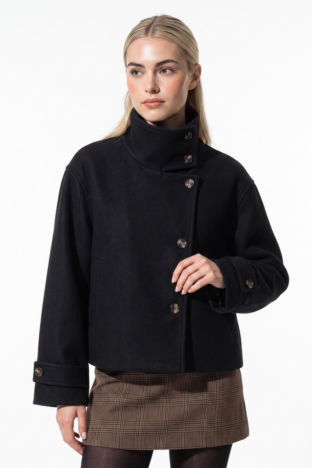 Soline Navet | Women's Winter Warm Wool Short Trench Coat with High Collar Button Front