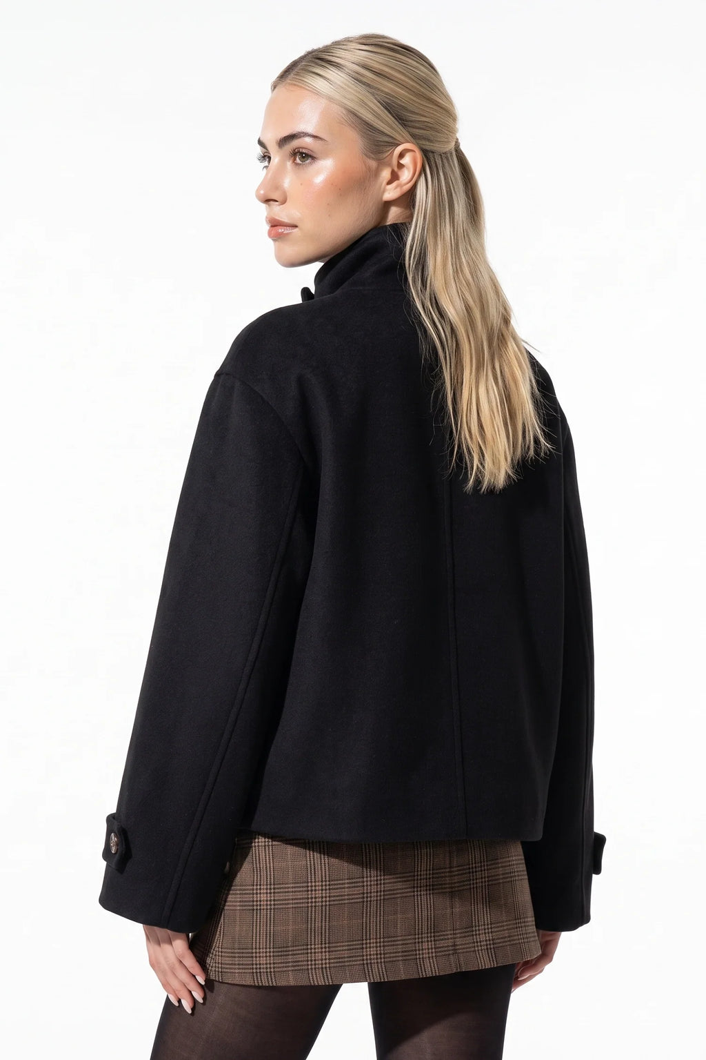 Soline Navet | Women's Winter Warm Wool Short Trench Coat with High Collar Button Front