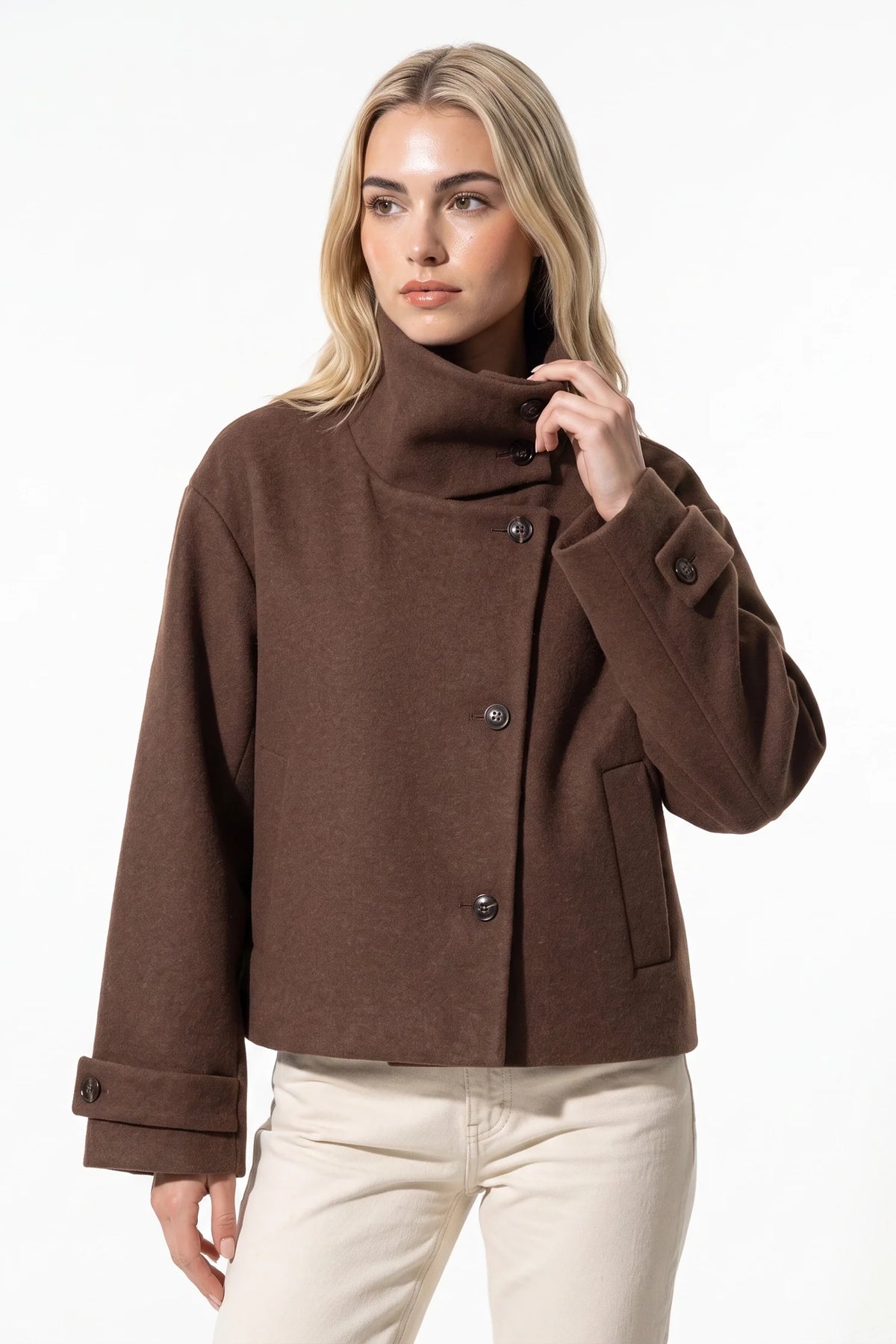 Soline Navet | Women's Winter Warm Wool Short Trench Coat with High Collar Button Front