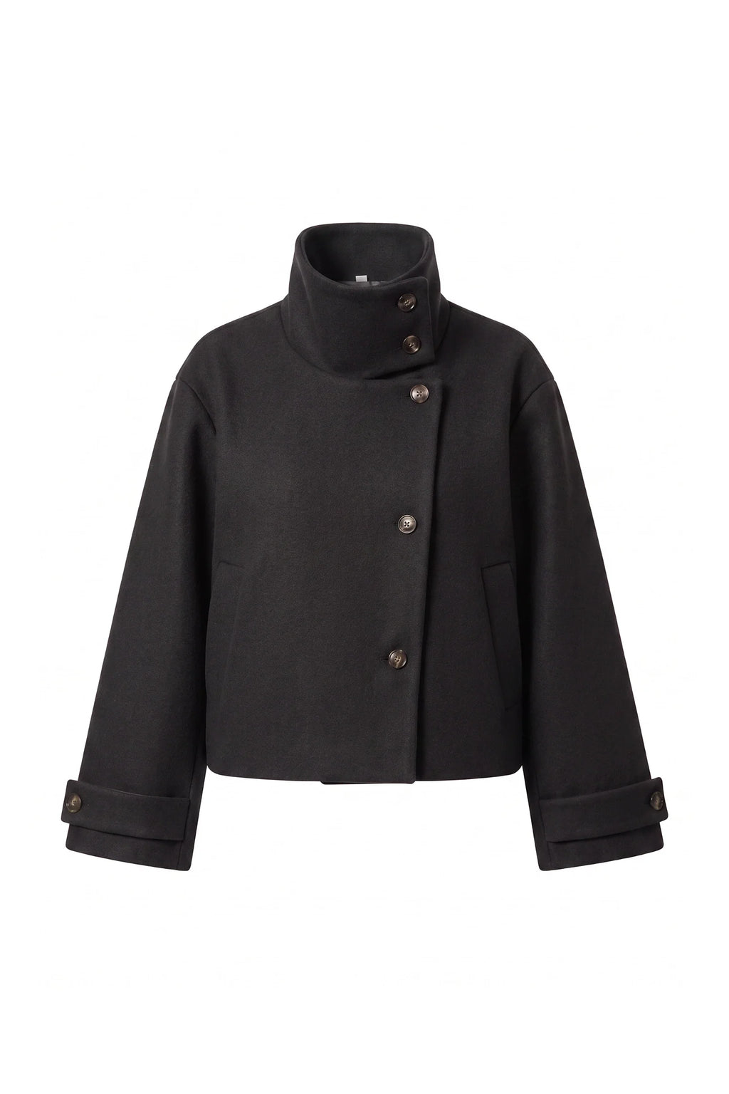 Soline Navet | Women's Winter Warm Wool Short Trench Coat with High Collar Button Front