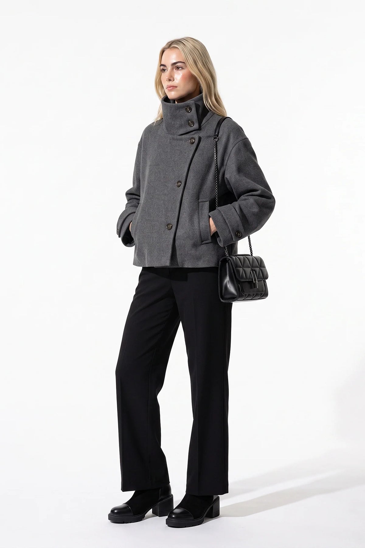 Soline Navet | Women's Winter Warm Wool Short Trench Coat with High Collar Button Front