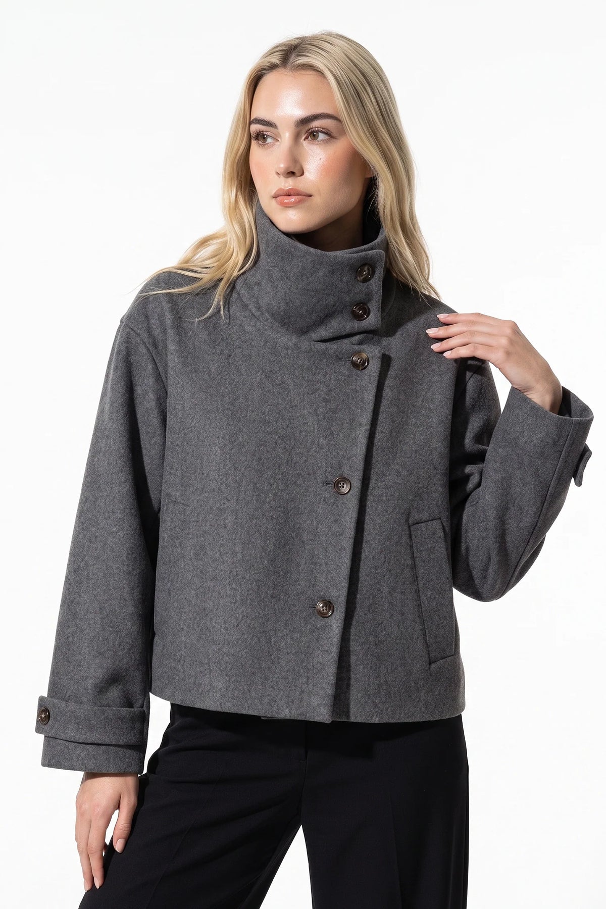 Soline Navet | Women's Winter Warm Wool Short Trench Coat with High Collar Button Front