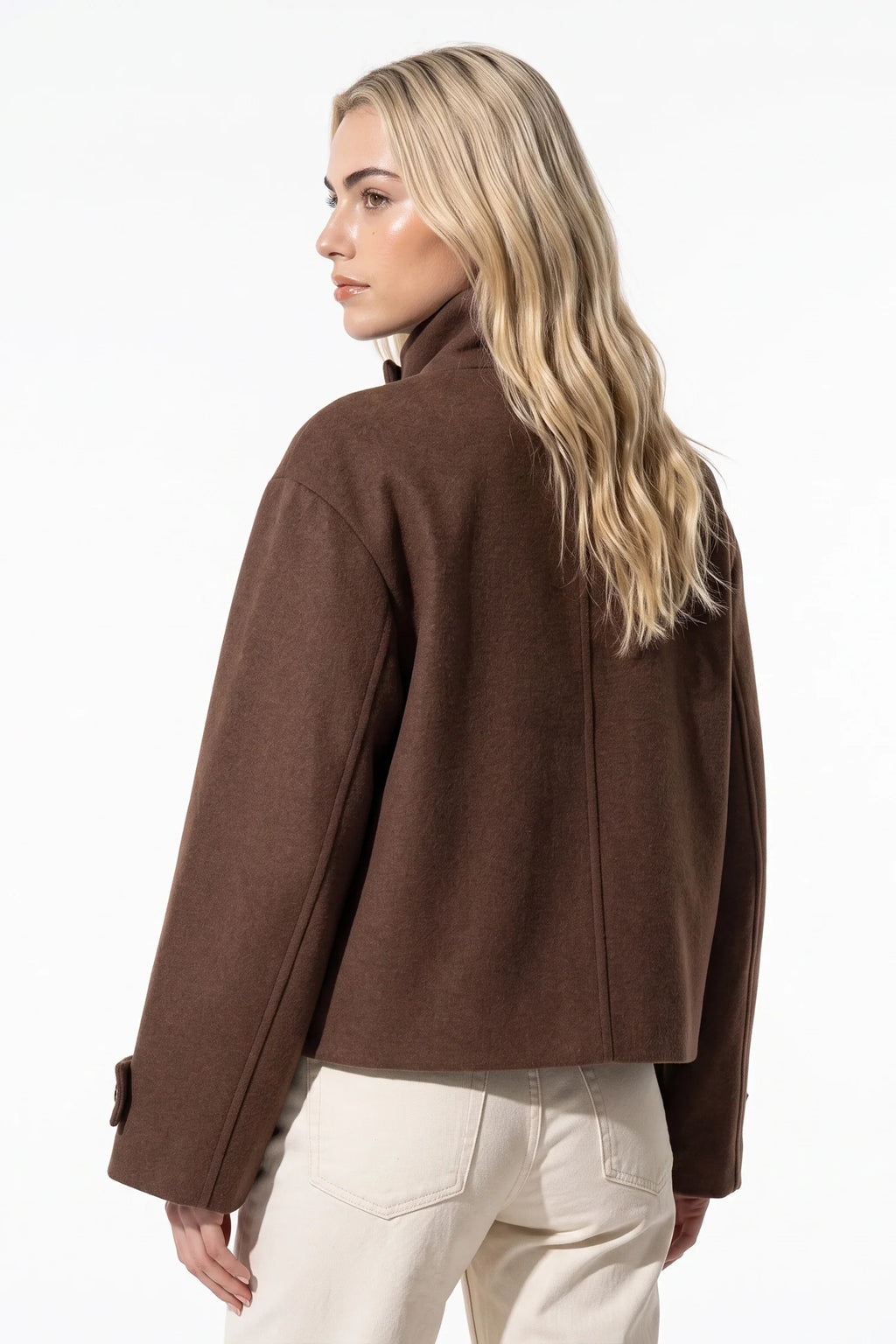 Soline Navet | Women's Winter Warm Wool Short Trench Coat with High Collar Button Front
