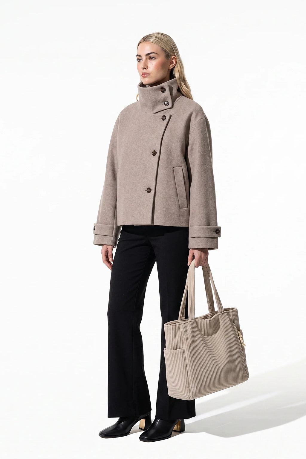 Soline Navet | Women's Winter Warm Wool Short Trench Coat with High Collar Button Front