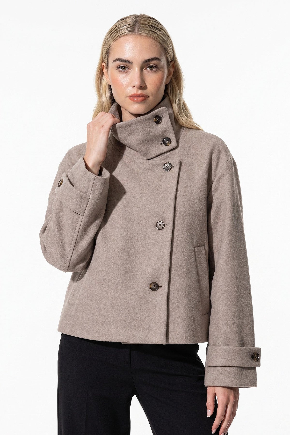 Soline Navet | Women's Winter Warm Wool Short Trench Coat with High Collar Button Front