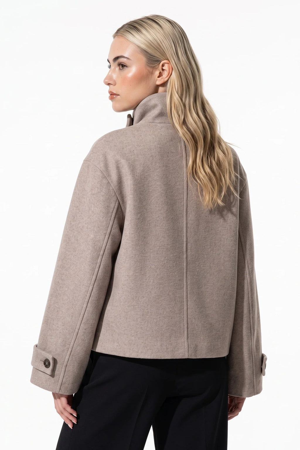Soline Navet | Women's Winter Warm Wool Short Trench Coat with High Collar Button Front