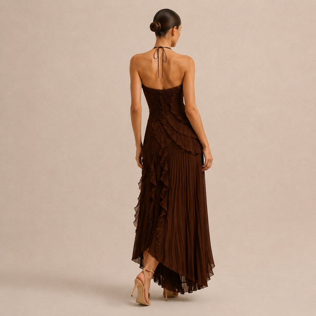 Noémie Gauthier | Pleated Ruffle Halter High-Low Maxi Dress