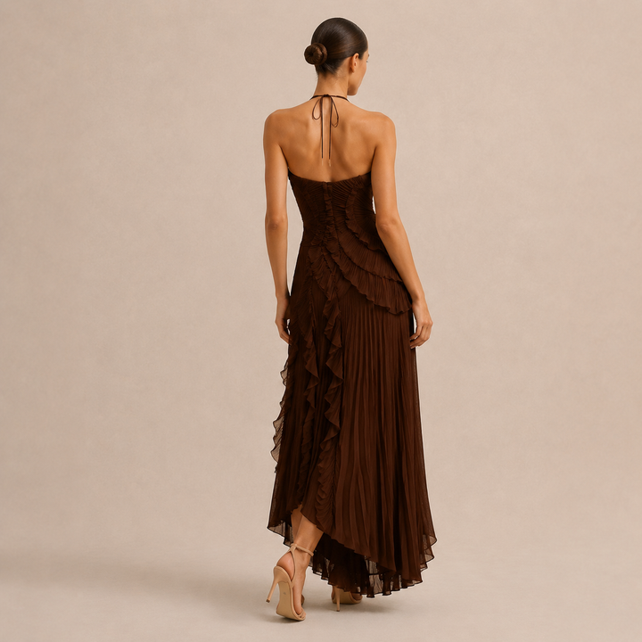 Noémie Gauthier | Pleated Ruffle Halter High-Low Maxi Dress