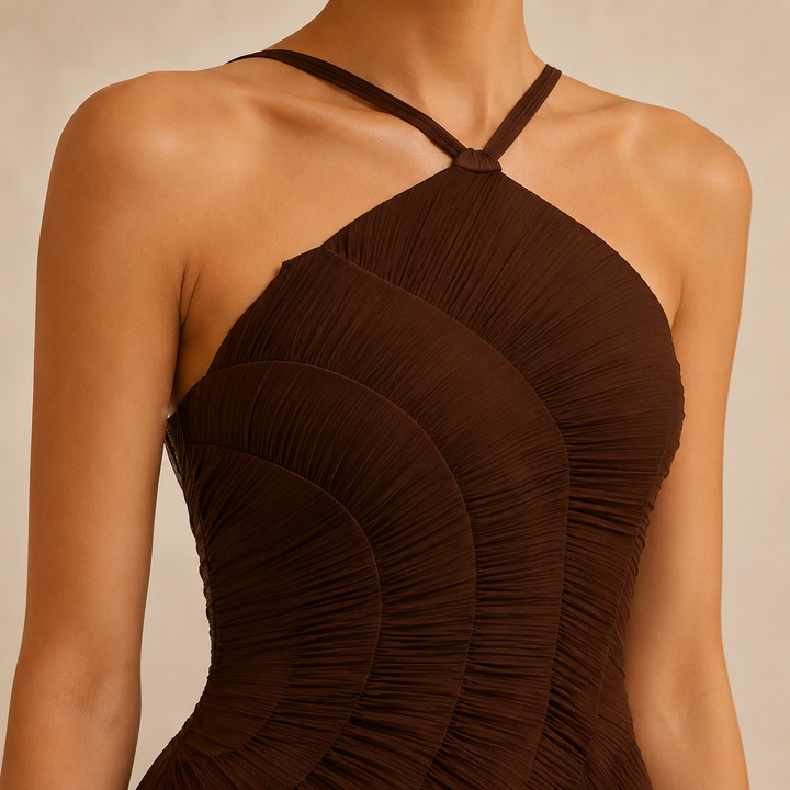 Noémie Gauthier | Pleated Ruffle Halter High-Low Maxi Dress