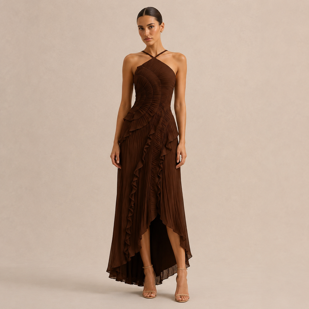 Noémie Gauthier | Pleated Ruffle Halter High-Low Maxi Dress