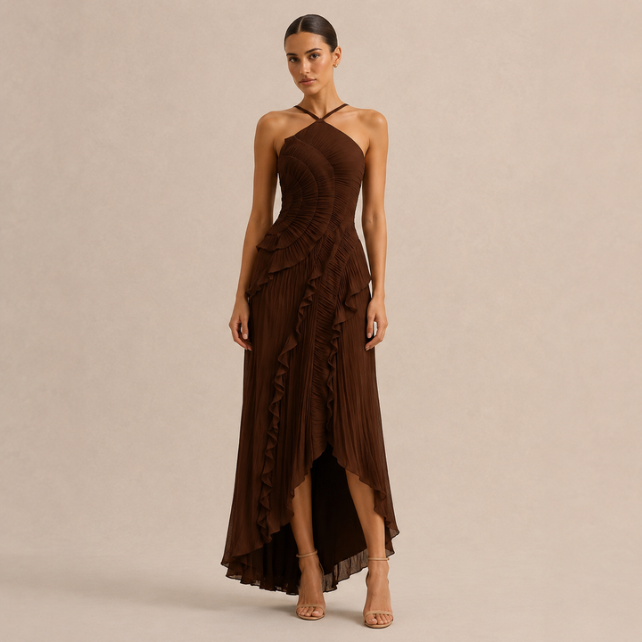 Noémie Gauthier | Pleated Ruffle Halter High-Low Maxi Dress
