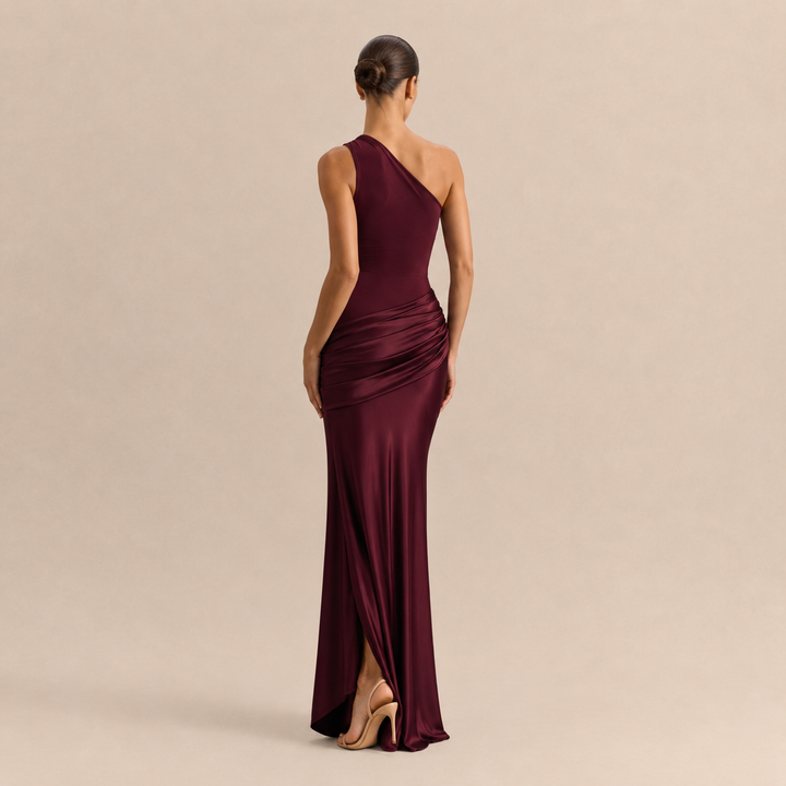 Simone Leclerc | One Shoulder Ruched Satin Fishtail Maxi Dress