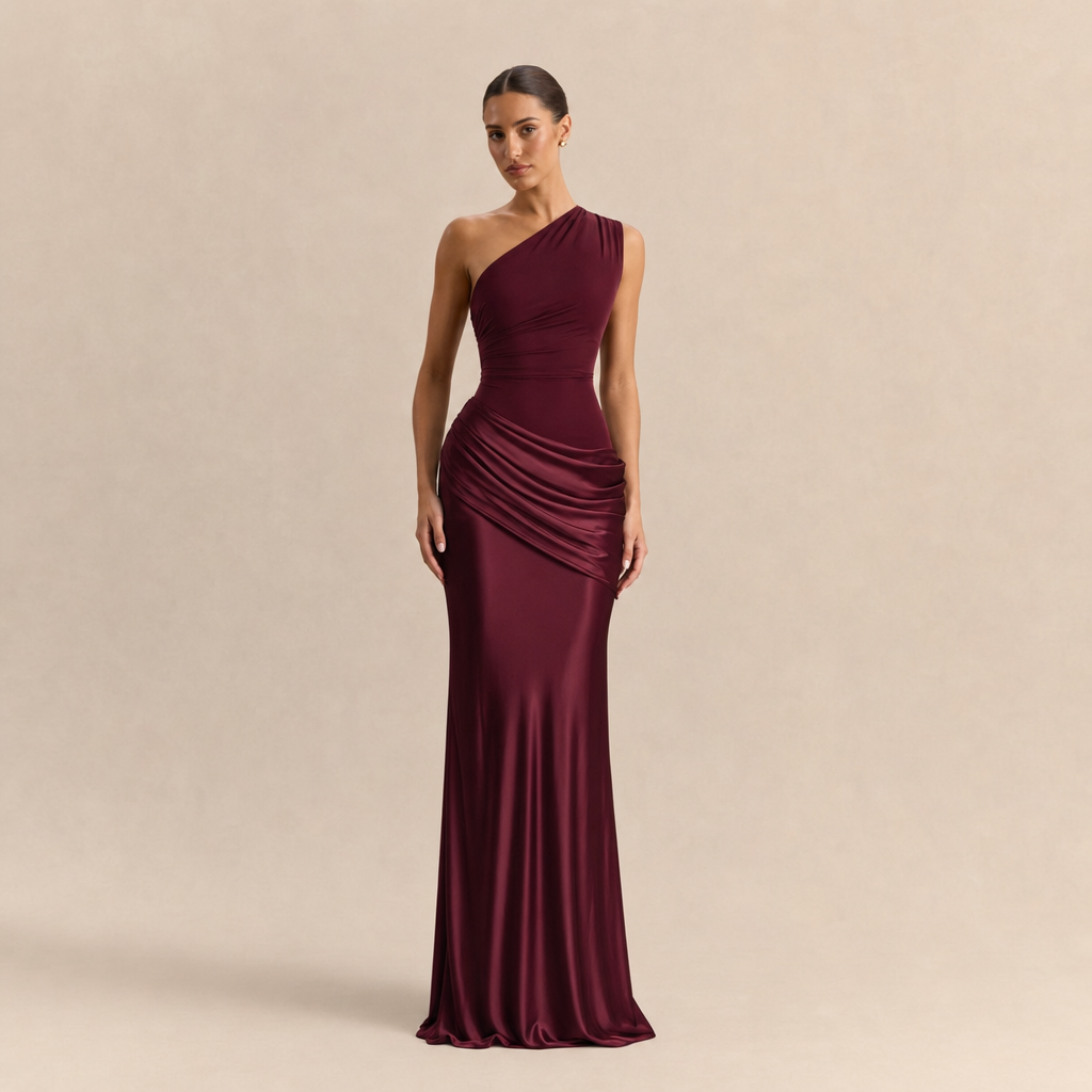Simone Leclerc | One Shoulder Ruched Satin Fishtail Maxi Dress