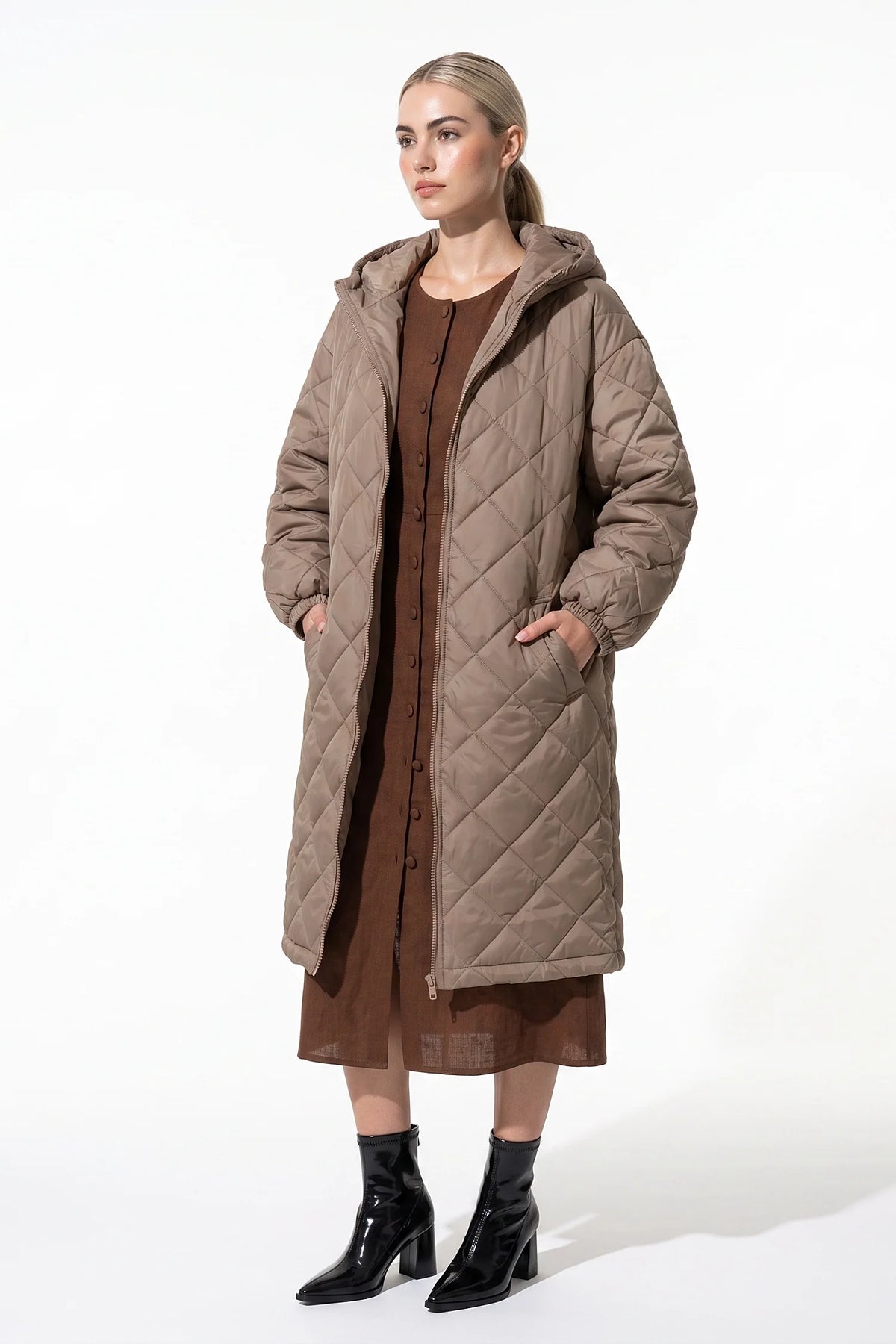 Mylène Tessier | Women's Winter Warm Long Diamond Quilted Hooded Puffer Coat