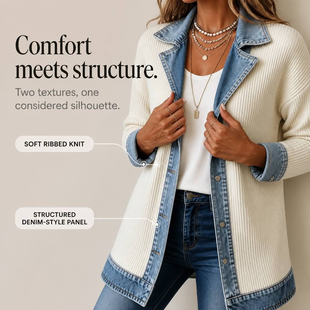 Ada Veronese | Women's Ribbed Knit Cardigan with Denim Panels