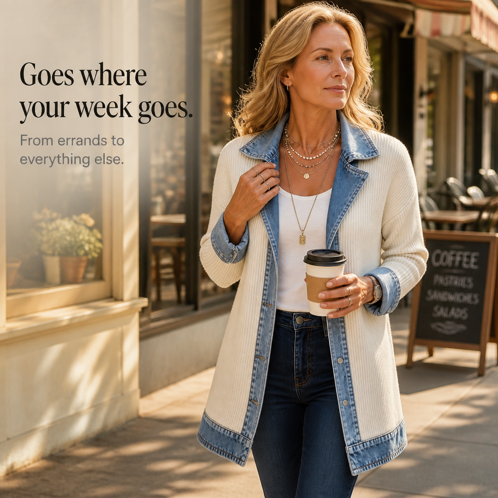 Ada Veronese | Women's Ribbed Knit Cardigan with Denim Panels