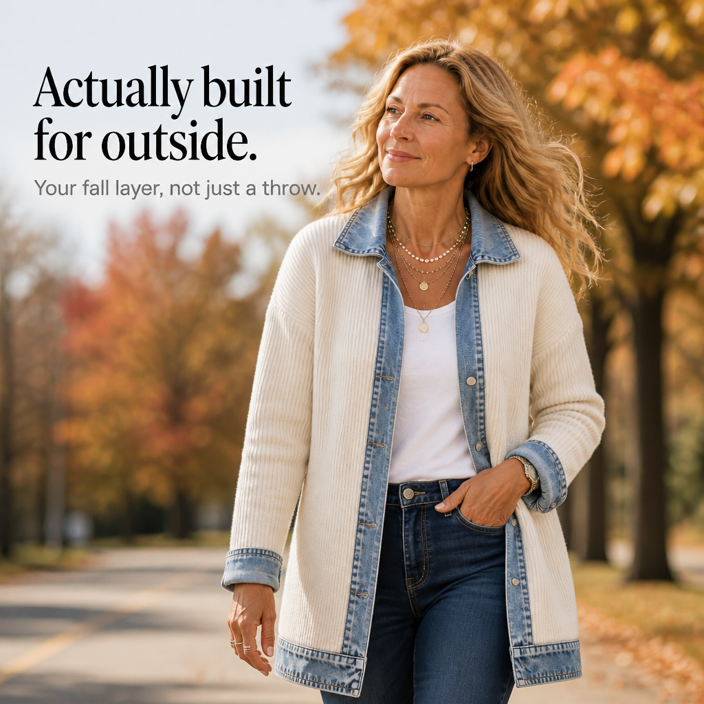 Ada Veronese | Women's Ribbed Knit Cardigan with Denim Panels