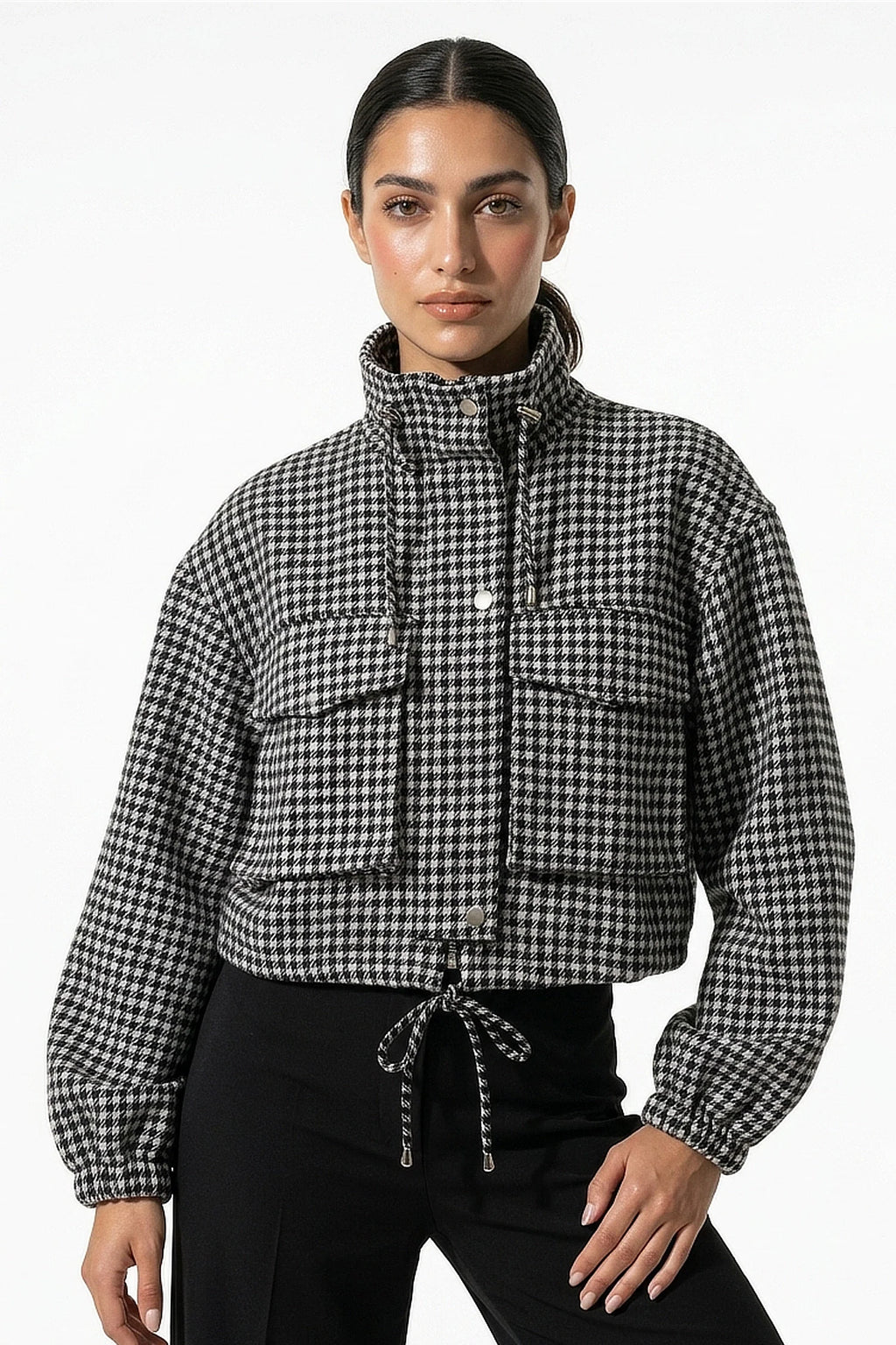 Olympe Allard | Women’s Winter Comfortable Houndstooth High Collar Cropped Jacket