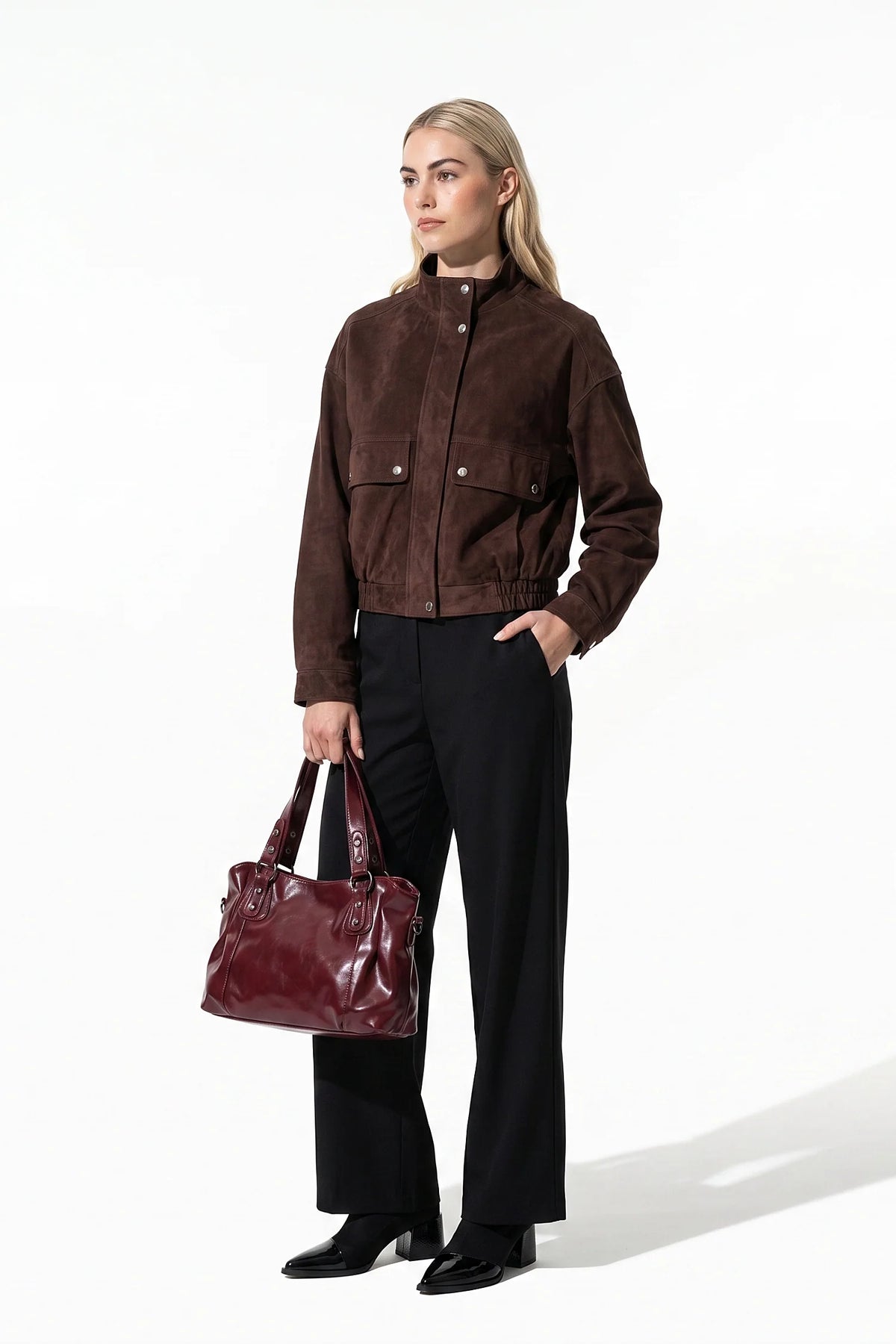 Alice Gauthier | Women’s Winter Brown Suede Jacket with Cropped Fit and Stand Collar