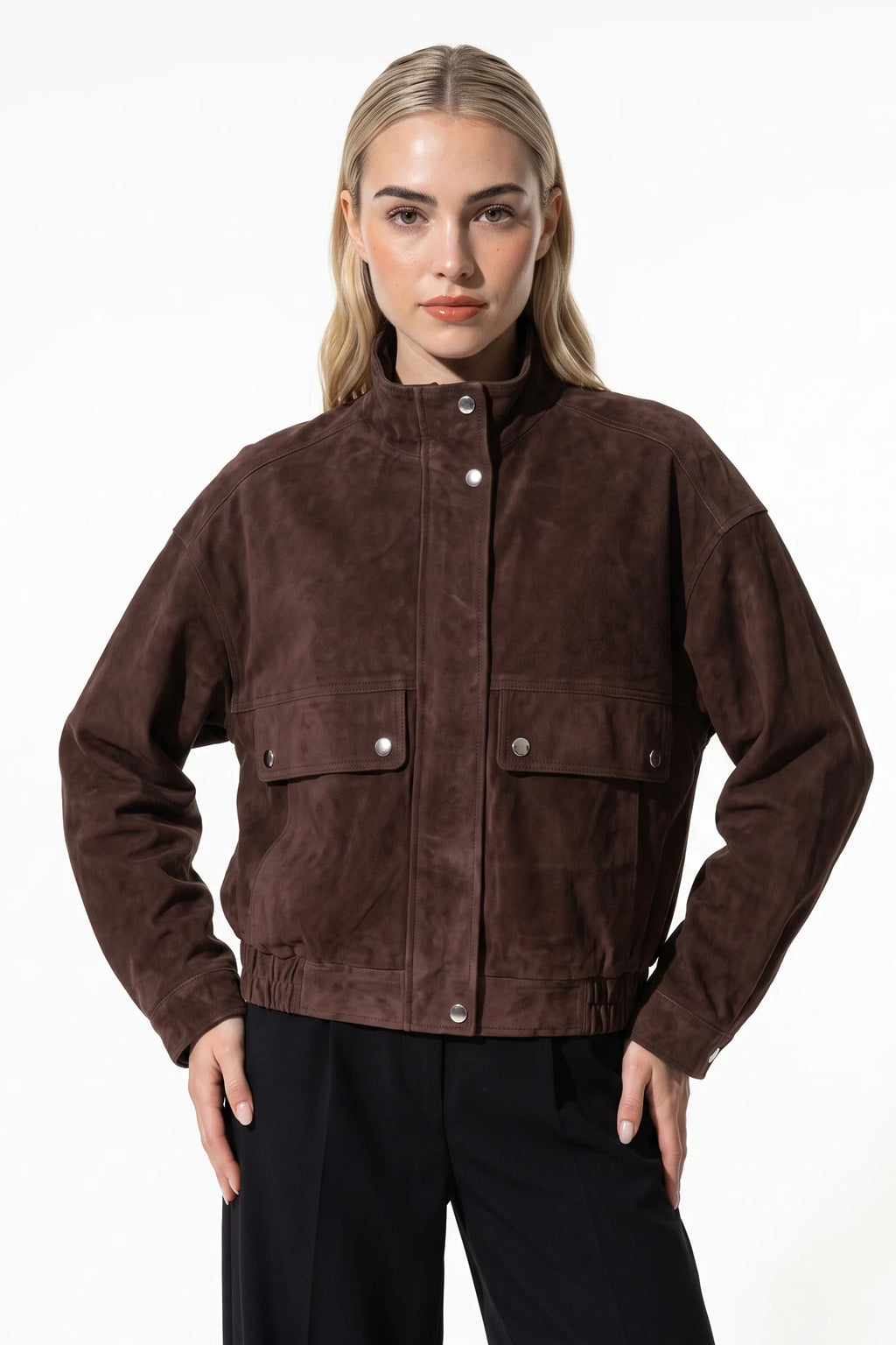 Alice Gauthier | Women’s Winter Brown Suede Jacket with Cropped Fit and Stand Collar