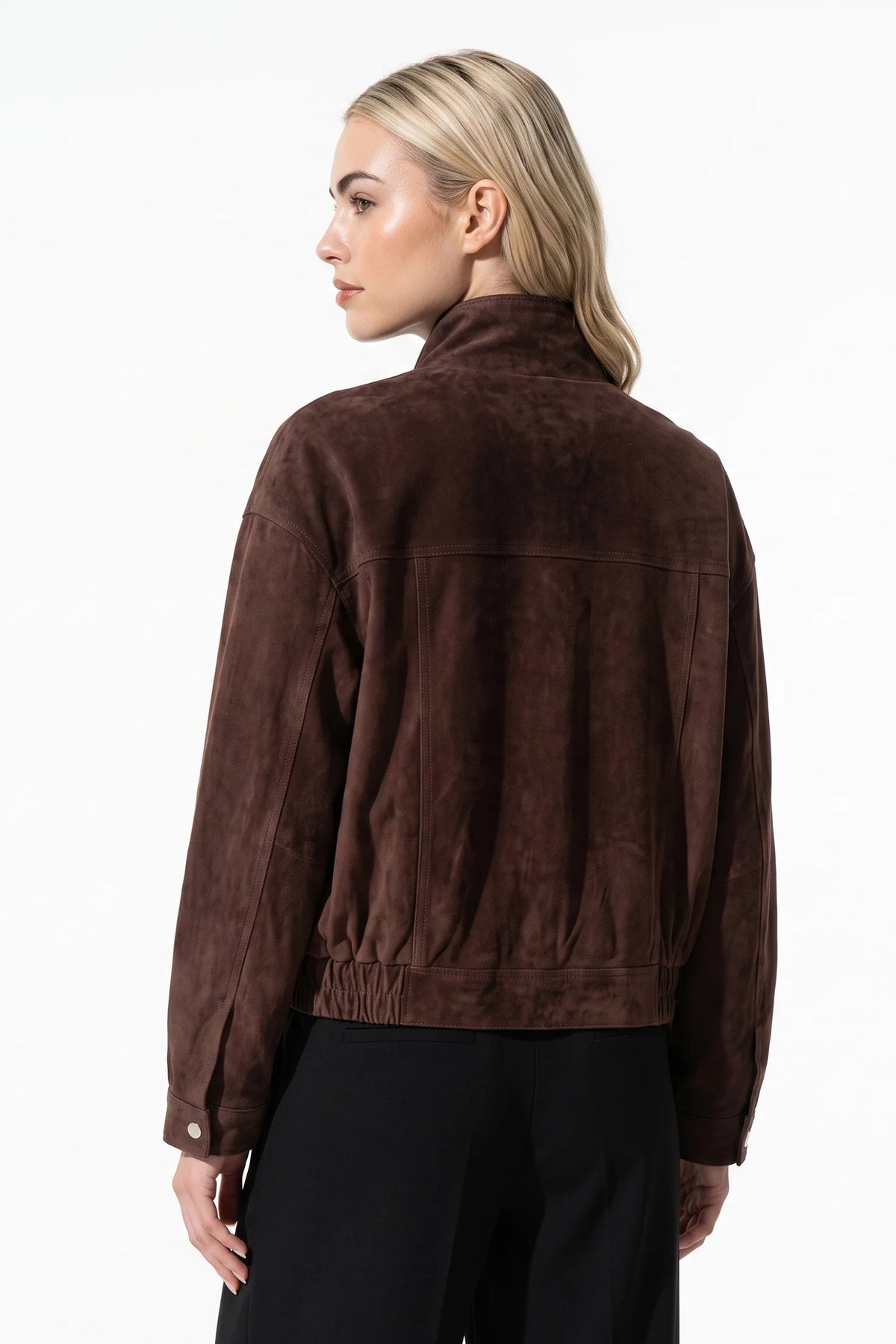 Alice Gauthier | Women’s Winter Brown Suede Jacket with Cropped Fit and Stand Collar