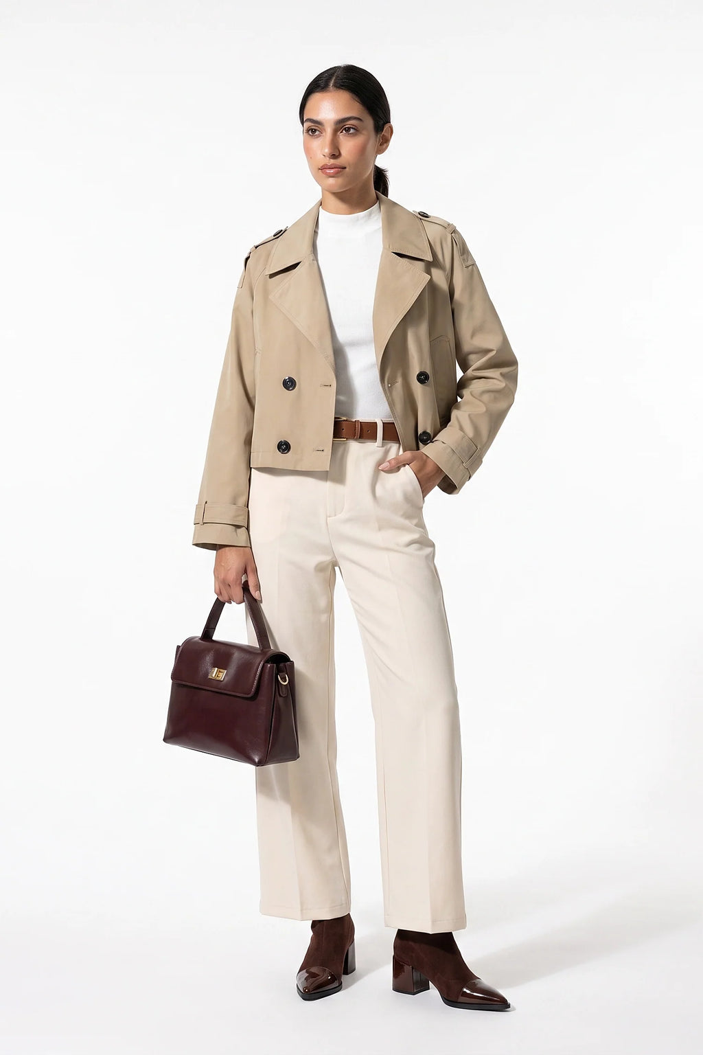 Zoé Mathieu | Women's Winter Stylish Short Cropped Trench Coat with Double Breasted Front