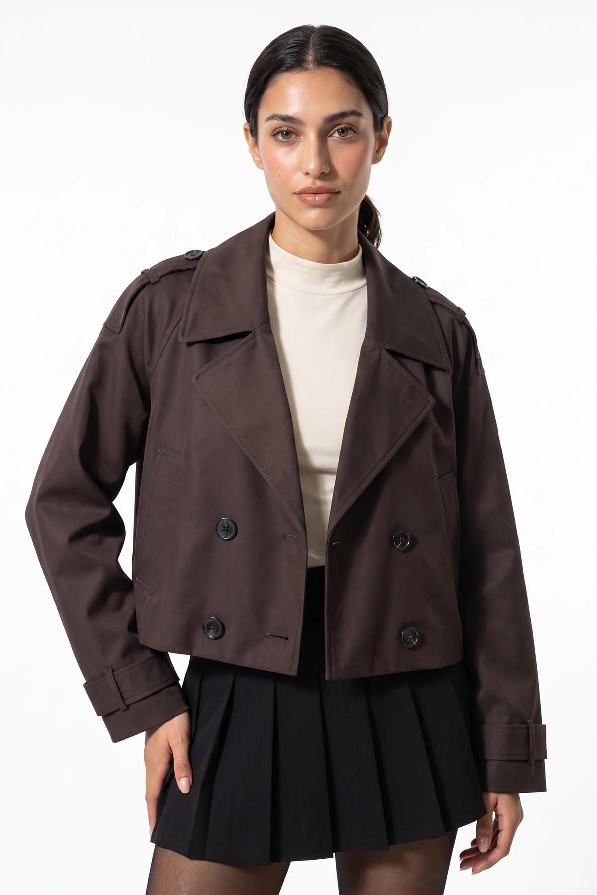 Zoé Mathieu | Women's Winter Stylish Short Cropped Trench Coat with Double Breasted Front