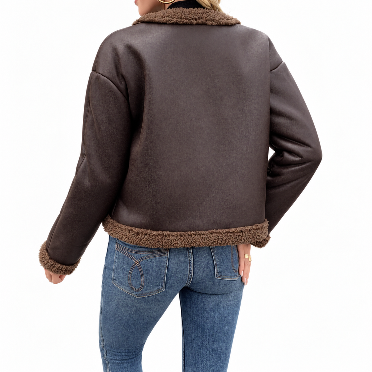 Orane Troyes | Women’s Brown Shearling Trim Jacket - Cropped Faux Leather Winter Coat