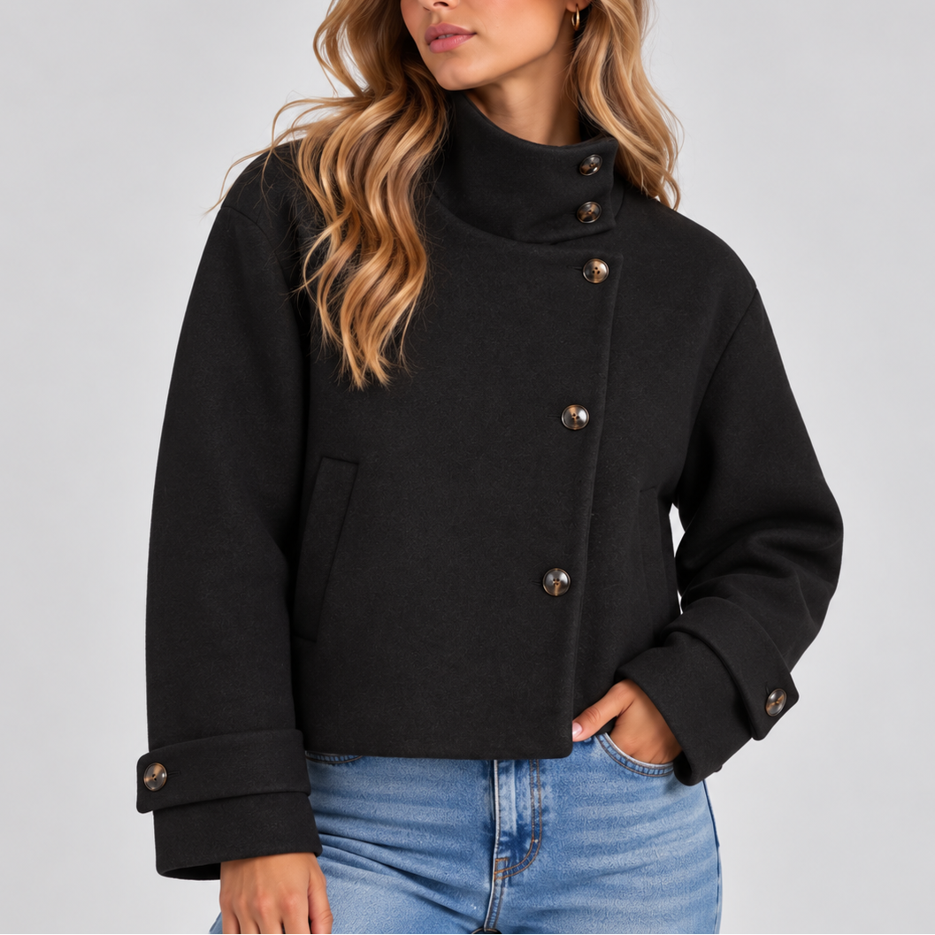 Lila Honfleur | Women's High Neck Cropped Jacket – Button Front Coat