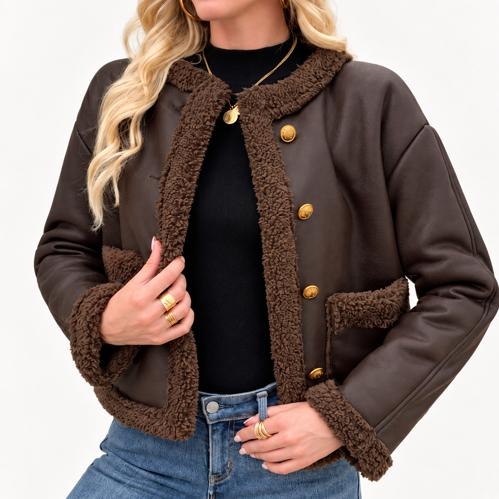 Orane Troyes | Women’s Brown Shearling Trim Jacket - Cropped Faux Leather Winter Coat