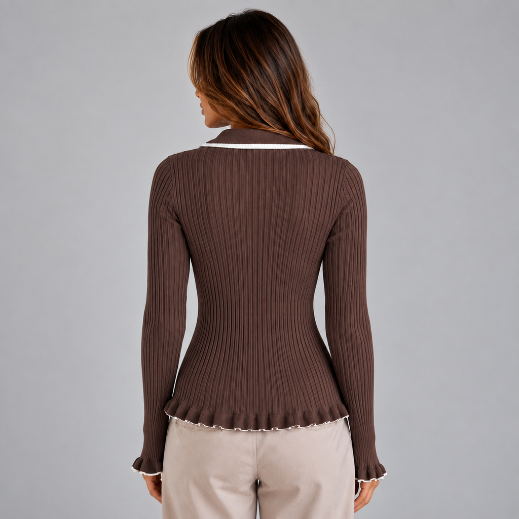 Noémie Bergerac | Women’s Ribbed Knit Long Sleeve Top | Contrast Collar & Gold Buttons