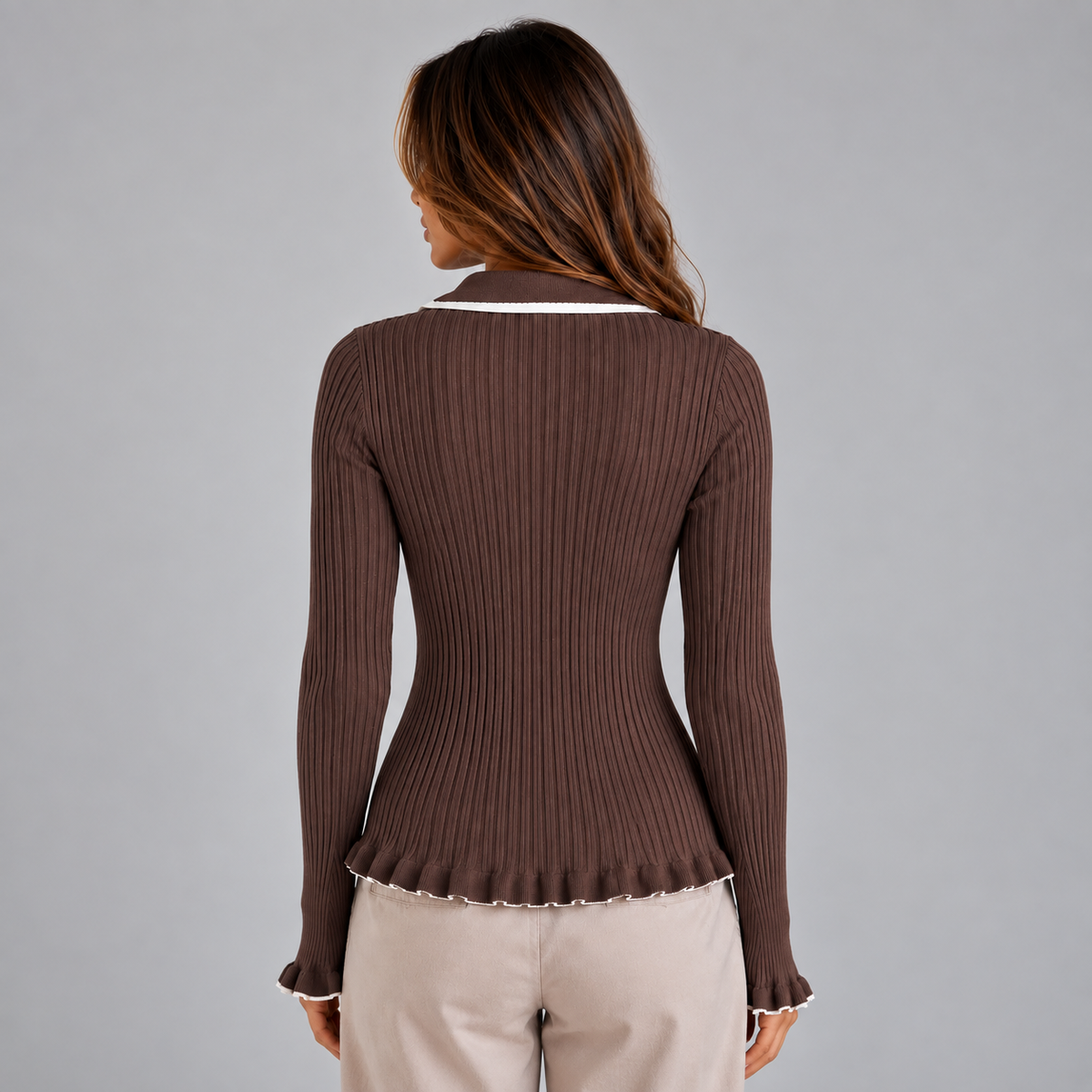 Noémie Bergerac | Women’s Ribbed Knit Long Sleeve Top | Contrast Collar & Gold Buttons