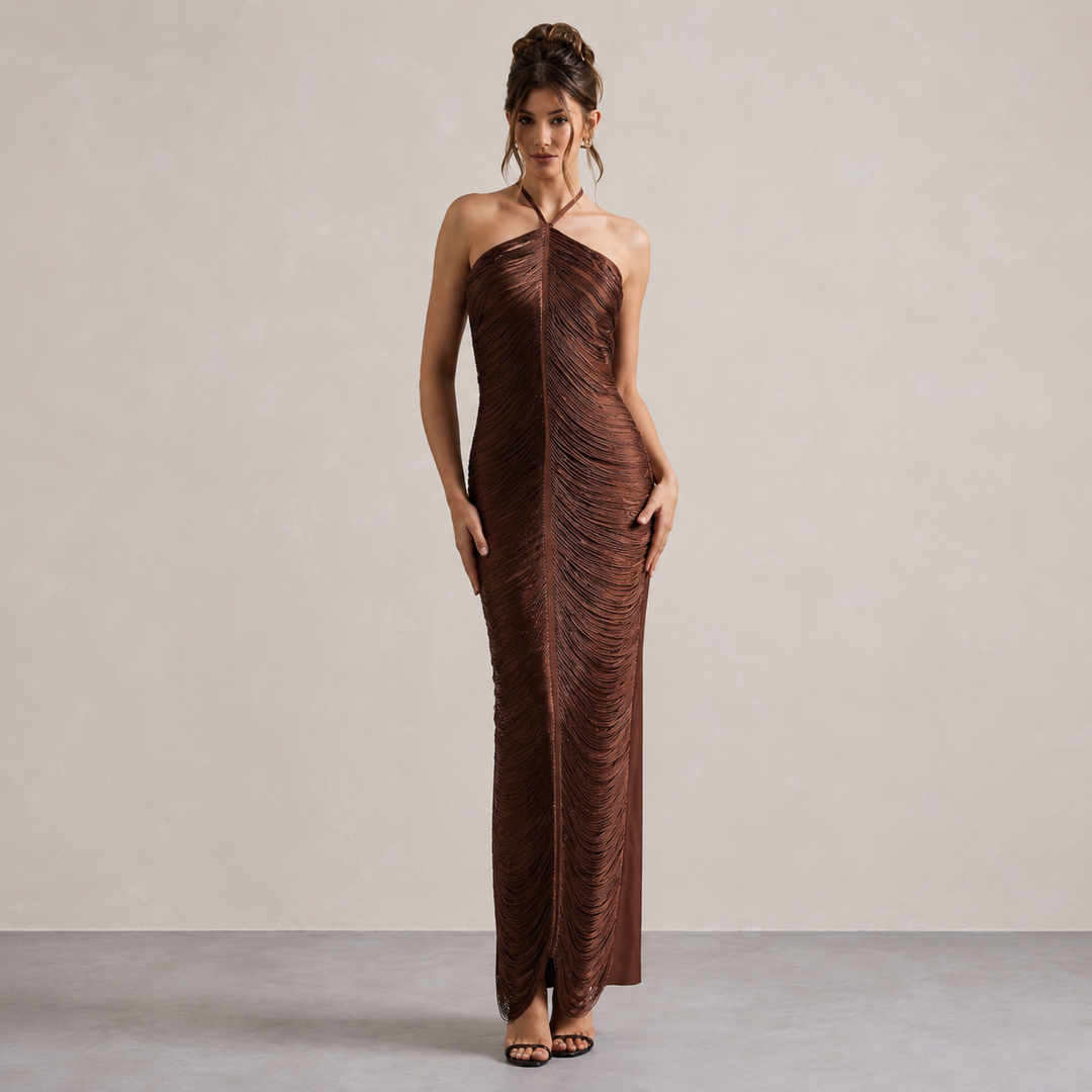 Laure Belle | Halter Neck Fringe Column Maxi Dress