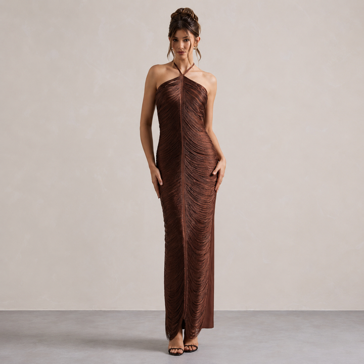 Laure Belle | Halter Neck Fringe Column Maxi Dress