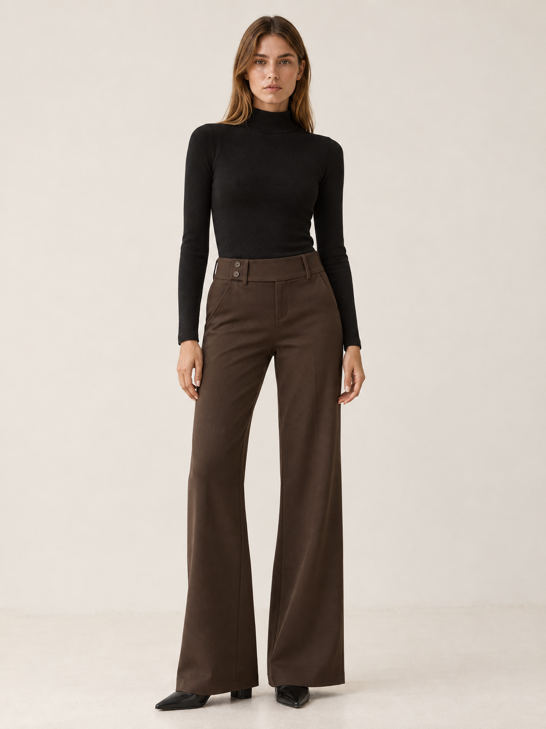 Rosalie Beaumont | Women's Flare Pants with Mid-Rise Double-Button Waistband