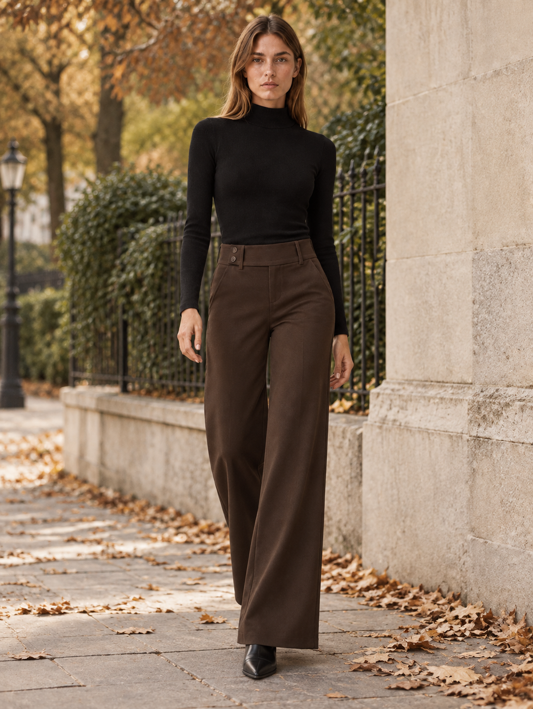 Rosalie Beaumont | Women's Flare Pants with Mid-Rise Double-Button Waistband