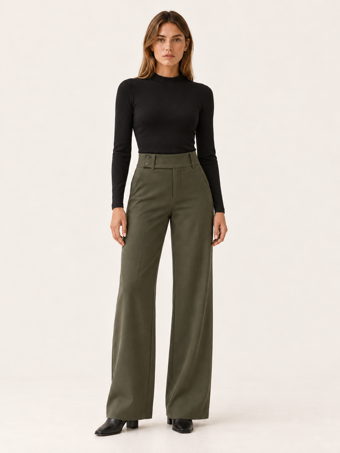 Rosalie Beaumont | Women's Flare Pants with Mid-Rise Double-Button Waistband