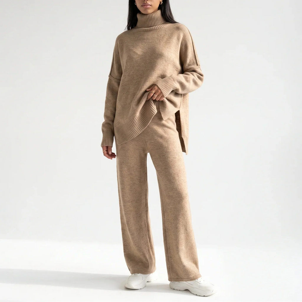 Romy Dijon | Women’s Knitted Lounge Set – Turtleneck Jumper & Wide-Leg Trousers