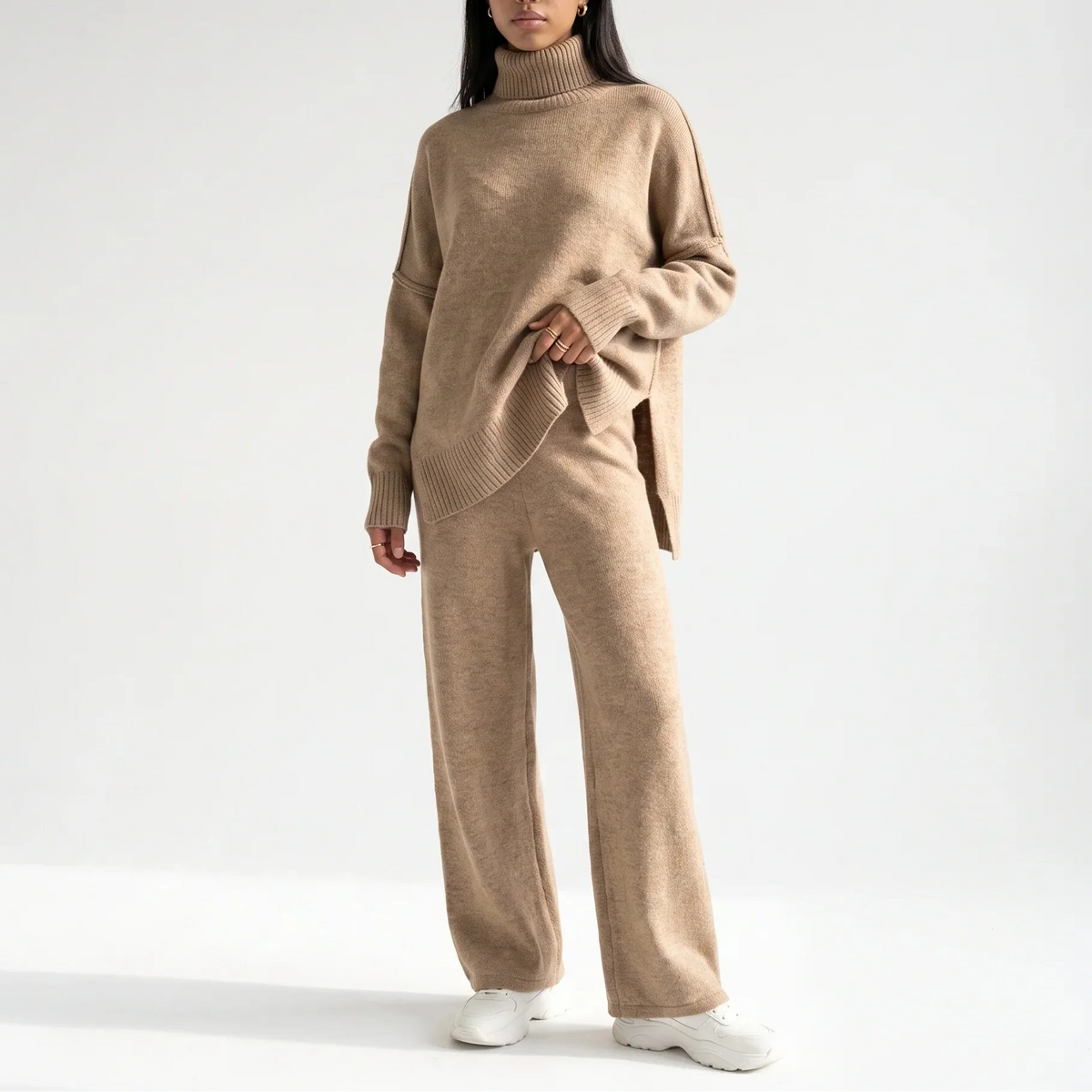 Romy Dijon | Women’s Knitted Lounge Set – Turtleneck Jumper & Wide-Leg Trousers