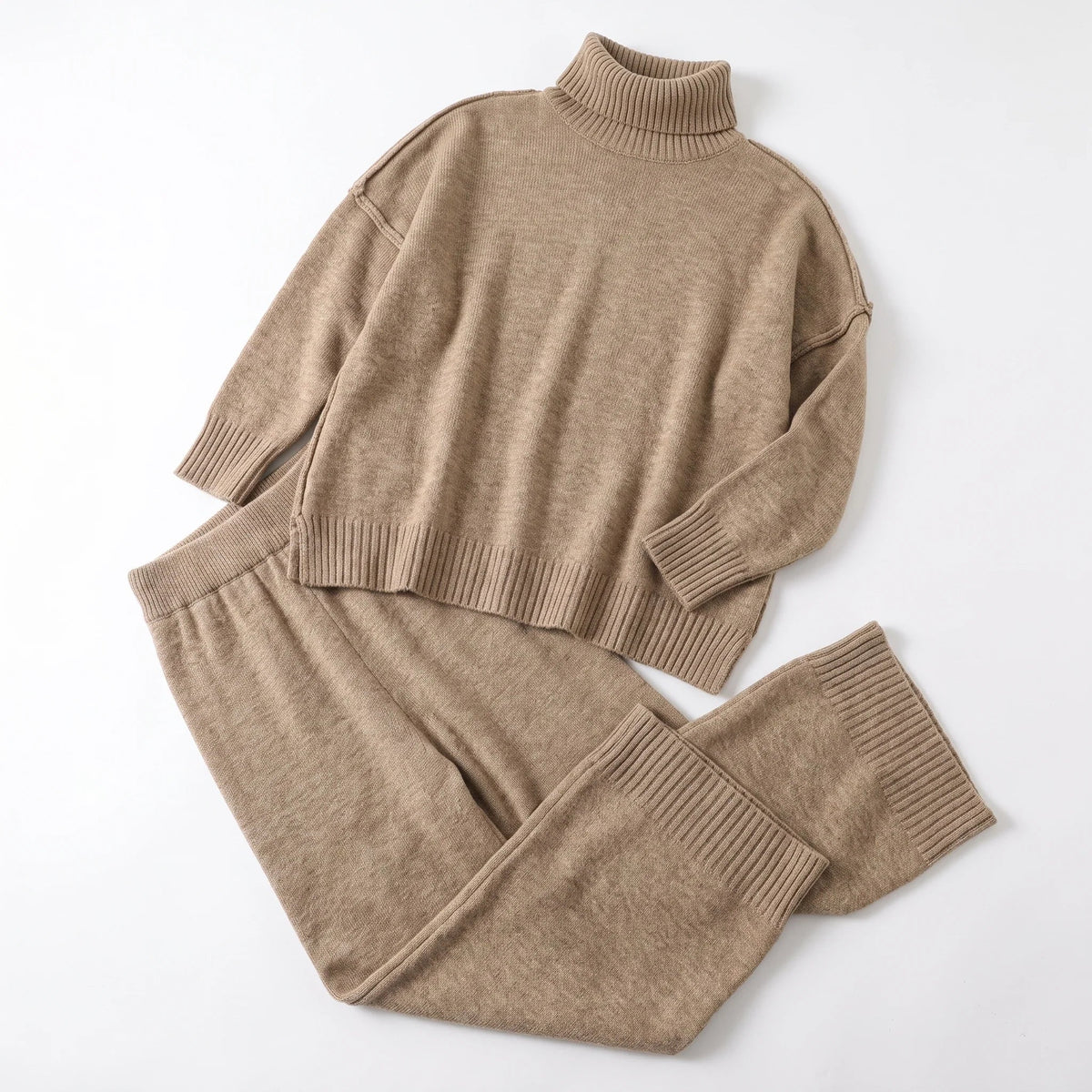 Romy Dijon | Women’s Knitted Lounge Set – Turtleneck Jumper & Wide-Leg Trousers