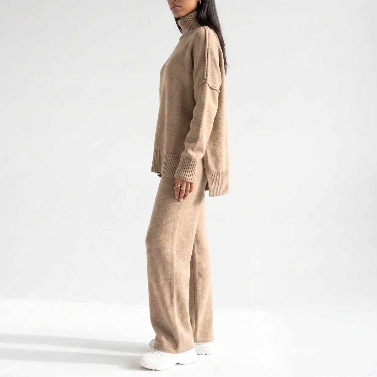 Romy Dijon | Women’s Knitted Lounge Set – Turtleneck Jumper & Wide-Leg Trousers