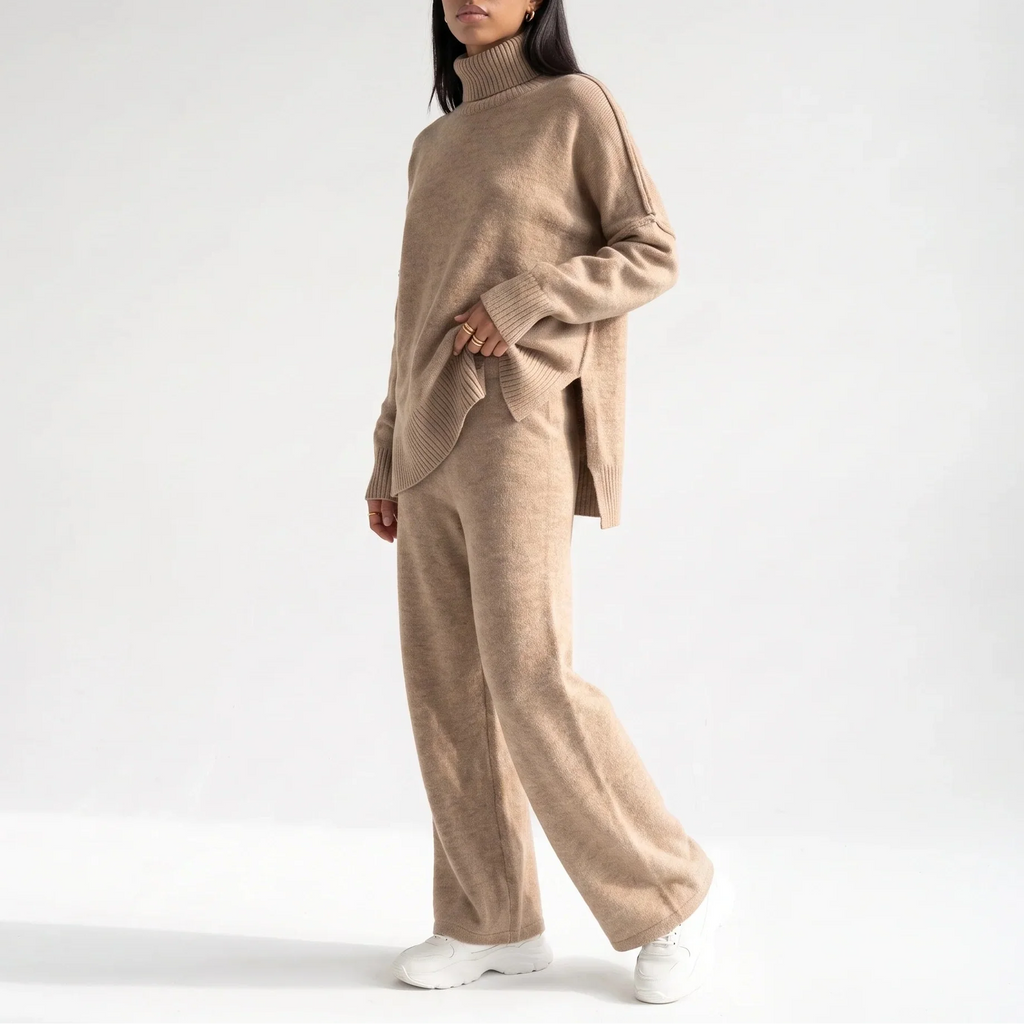 Romy Dijon | Women’s Knitted Lounge Set – Turtleneck Jumper & Wide-Leg Trousers