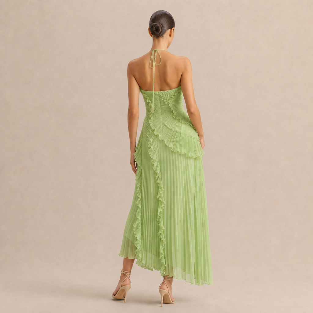 Noémie Gauthier | Pleated Ruffle Halter High-Low Maxi Dress