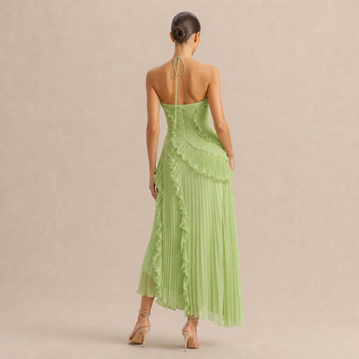 Noémie Gauthier | Pleated Ruffle Halter High-Low Maxi Dress