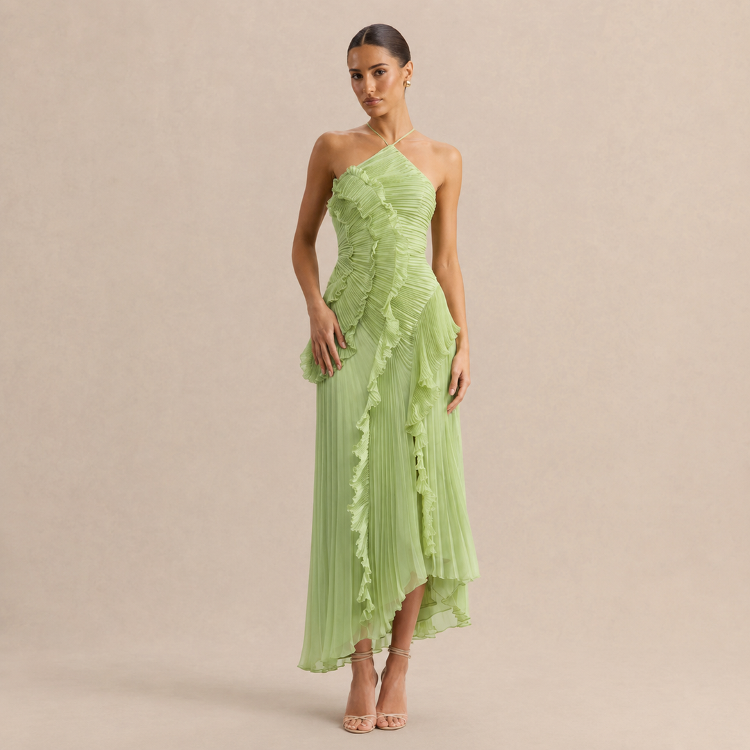 Noémie Gauthier | Pleated Ruffle Halter High-Low Maxi Dress
