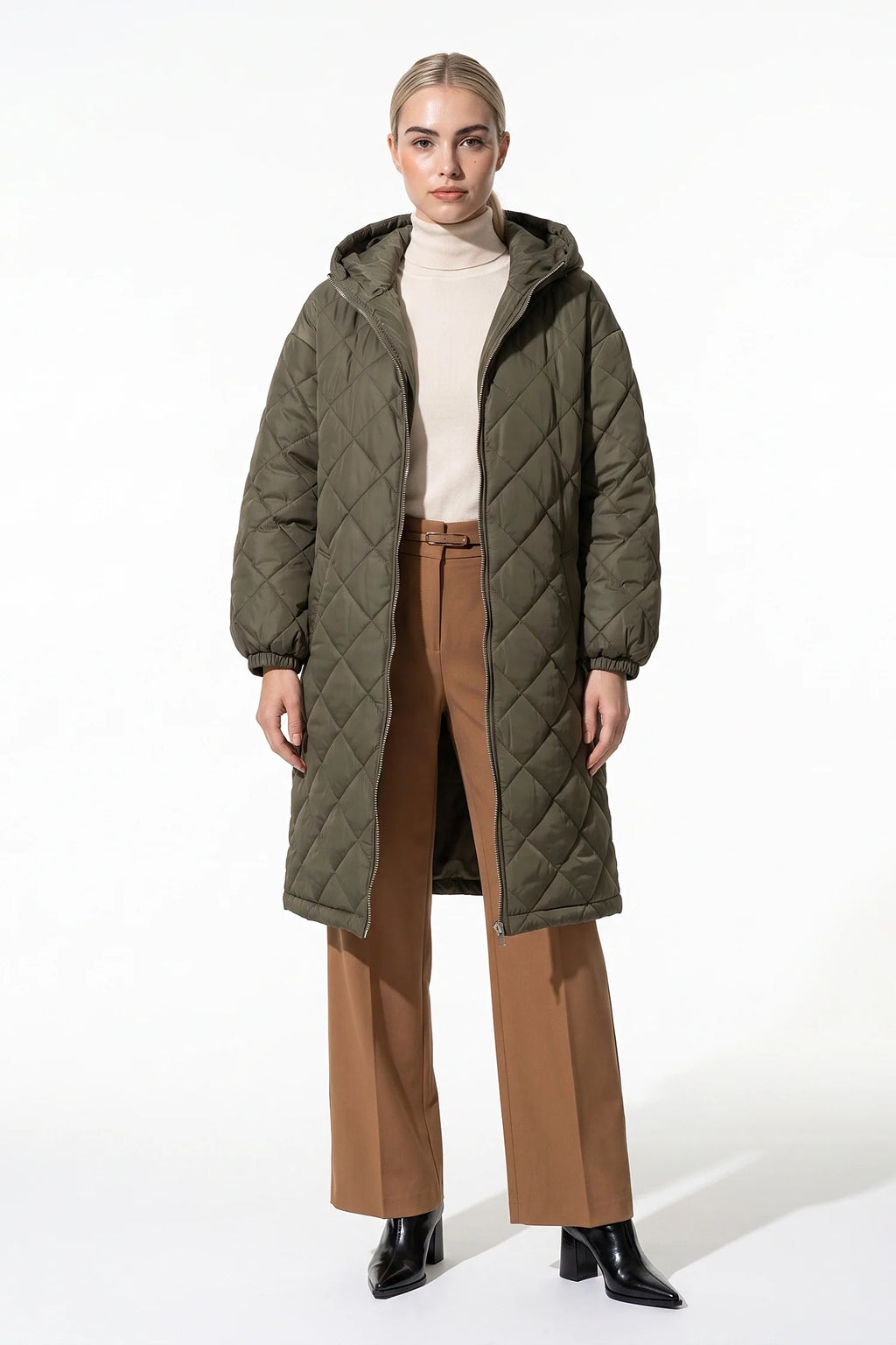 Mylène Tessier | Women's Winter Warm Long Diamond Quilted Hooded Puffer Coat