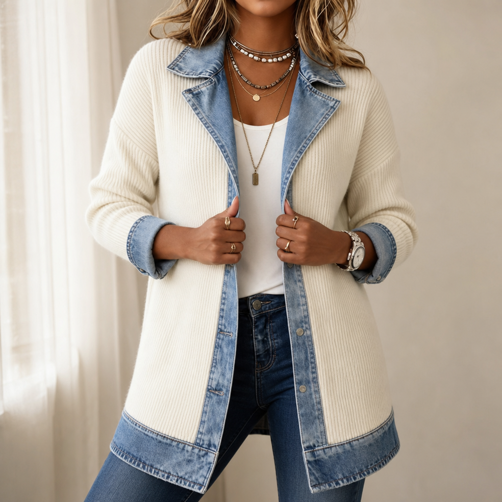 Ada Veronese | Women's Ribbed Knit Cardigan with Denim Panels