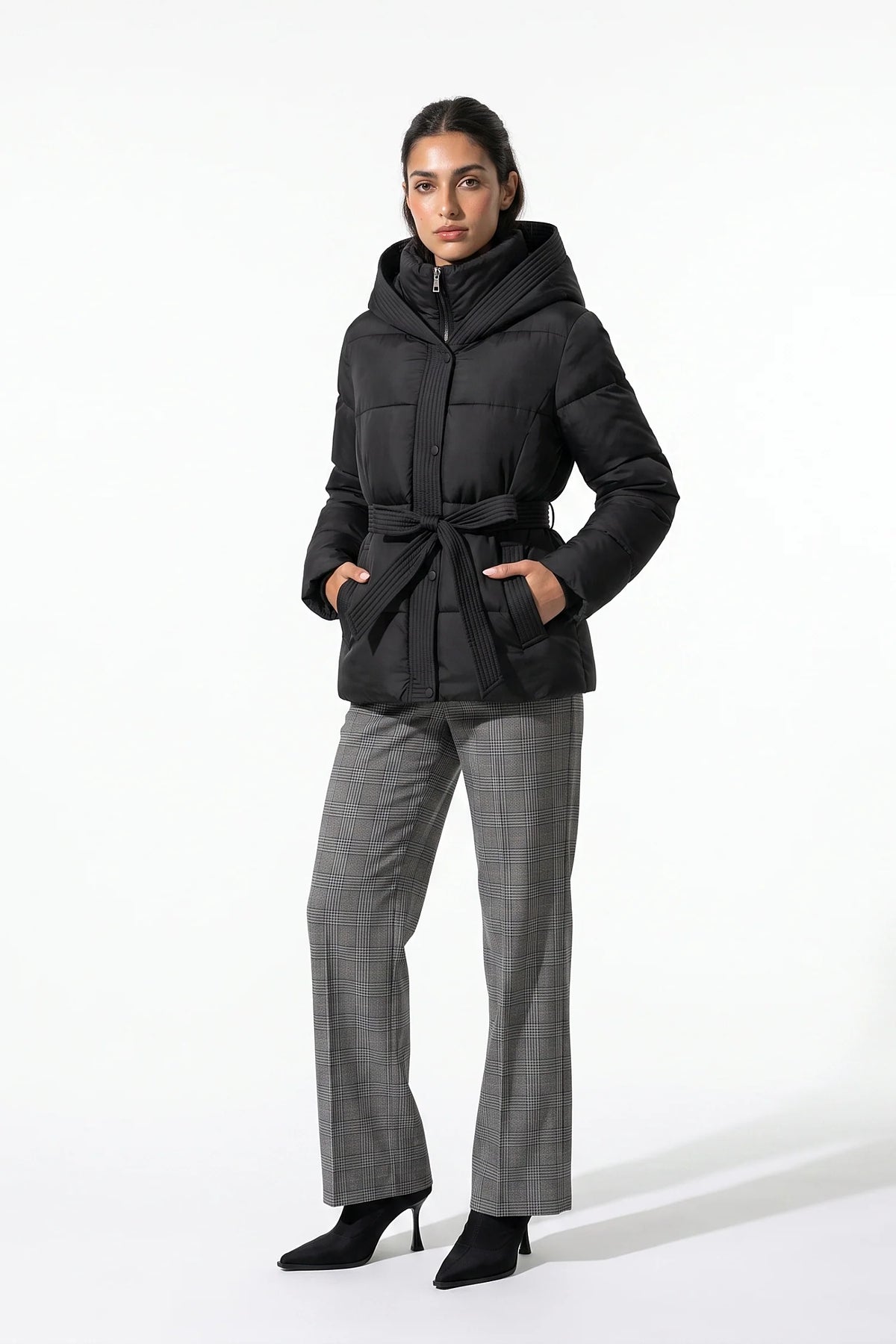 Clémence Moreau | Women's Winter Warm Hooded Puffer Jacket with Belted Waist