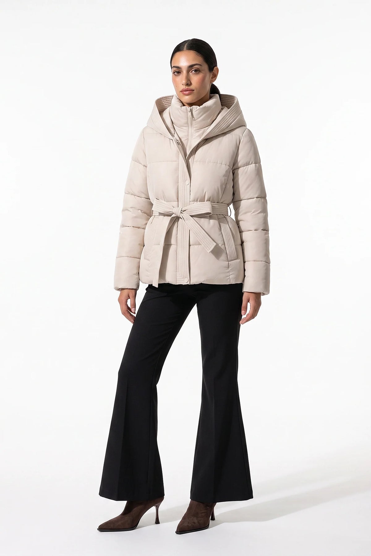 Clémence Moreau | Women's Winter Warm Hooded Puffer Jacket with Belted Waist
