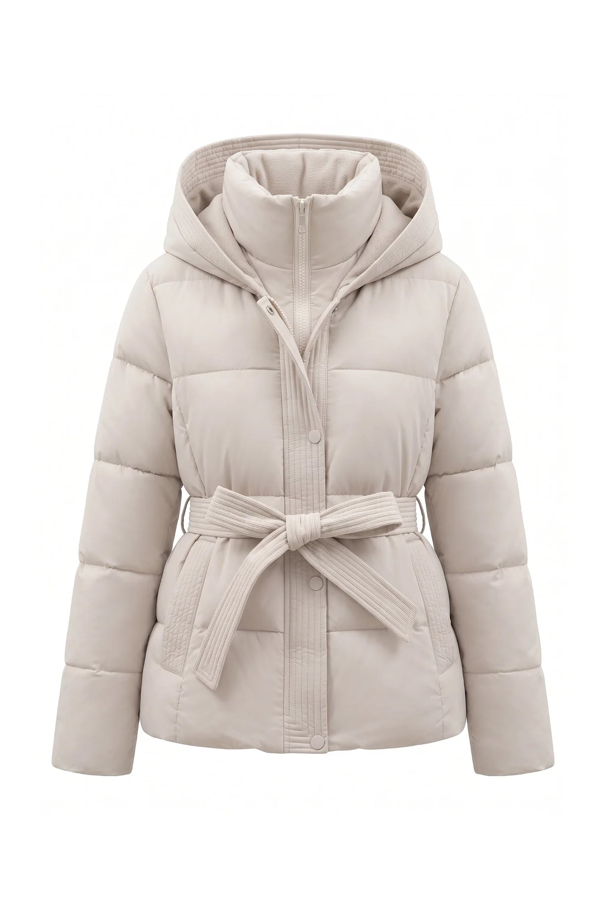 Clémence Moreau | Women's Winter Warm Hooded Puffer Jacket with Belted Waist